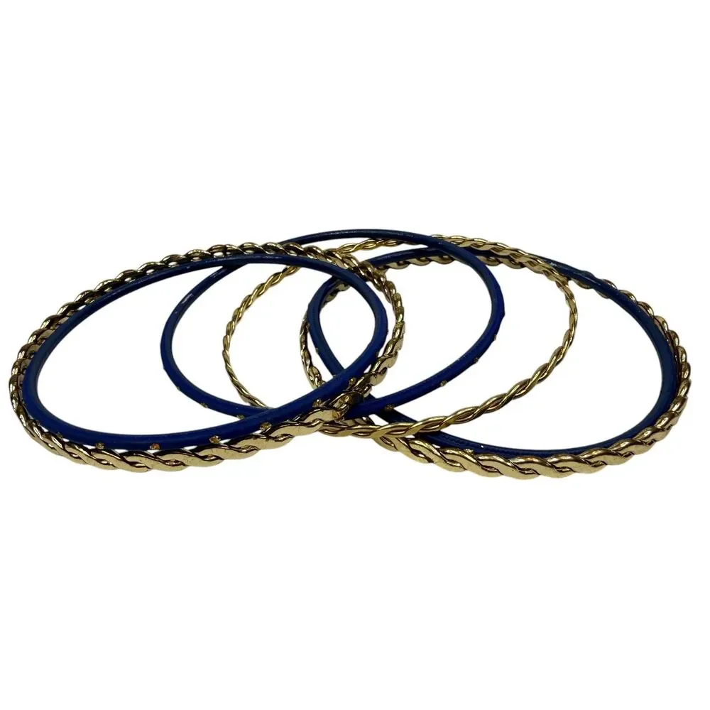 6 PC Blue Gold Tone Braided Twisted Smooth Bangle Bracelet Fashion Jewelry 7.5 